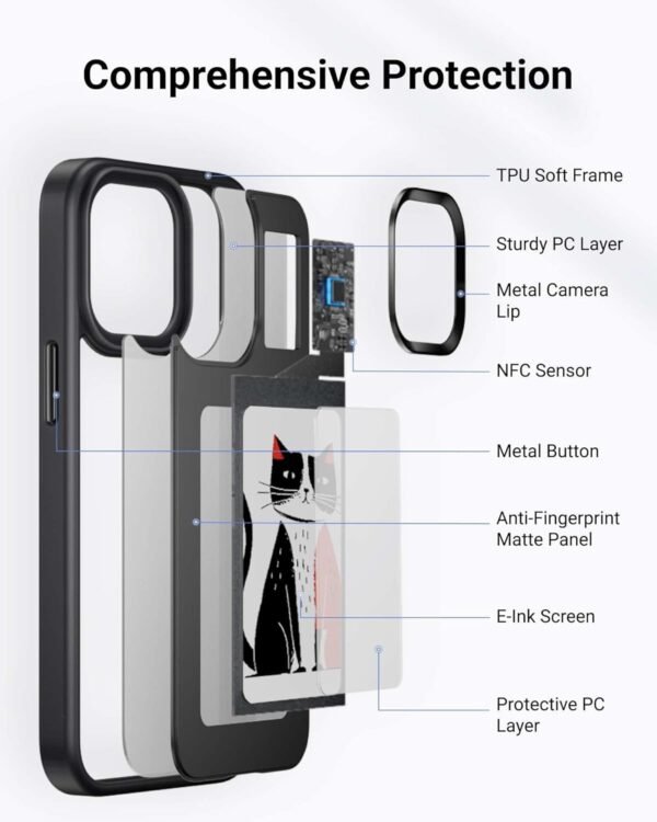 Custom DIY Wireless E-Ink Screen NFC Photo Display Smart Phone Protective Case - iPhone 14 Pro, Water-Resistant - Black - Image 6