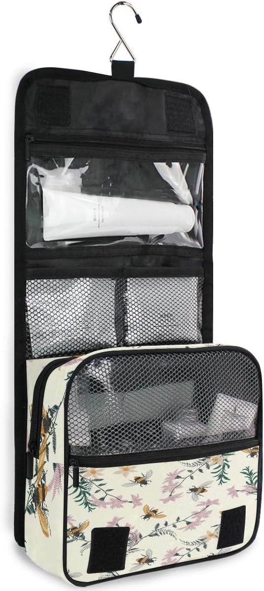 AUUXVA Travel Toiletry Bag Spring Bee Flower Floral Pattern Cosmetic Organizer Bag Hanging Makeup Bag with Zipper Pocket and Handle, Portable Wash Bag for Women Men Girls - Image 2