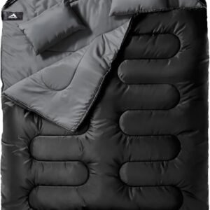 MEREZA Double Sleeping Bag for Adults Mens with Pillow, XL Queen Size Two Person Sleeping Bag for All Season Camping Hiking Backpacking 2 Person Sleeping Bags for Cold Weather & Warm