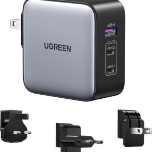 UGREEN 65W USB C Travel Adapter, Foladable Fast GaN Charger with US/UK/EU 3 Plugs, 3-Port International Power Adapter for MacBook Air/Pro, Dell XPS, iPhone 16/15, iPad, Galaxy S25, Steam Deck