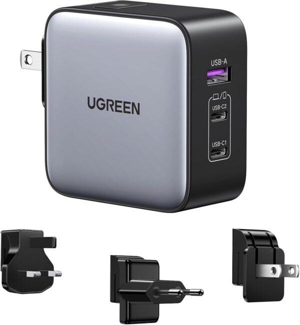 UGREEN 65W USB C Travel Adapter, Foladable Fast GaN Charger with US/UK/EU 3 Plugs, 3-Port International Power Adapter for MacBook Air/Pro, Dell XPS, iPhone 16/15, iPad, Galaxy S25, Steam Deck