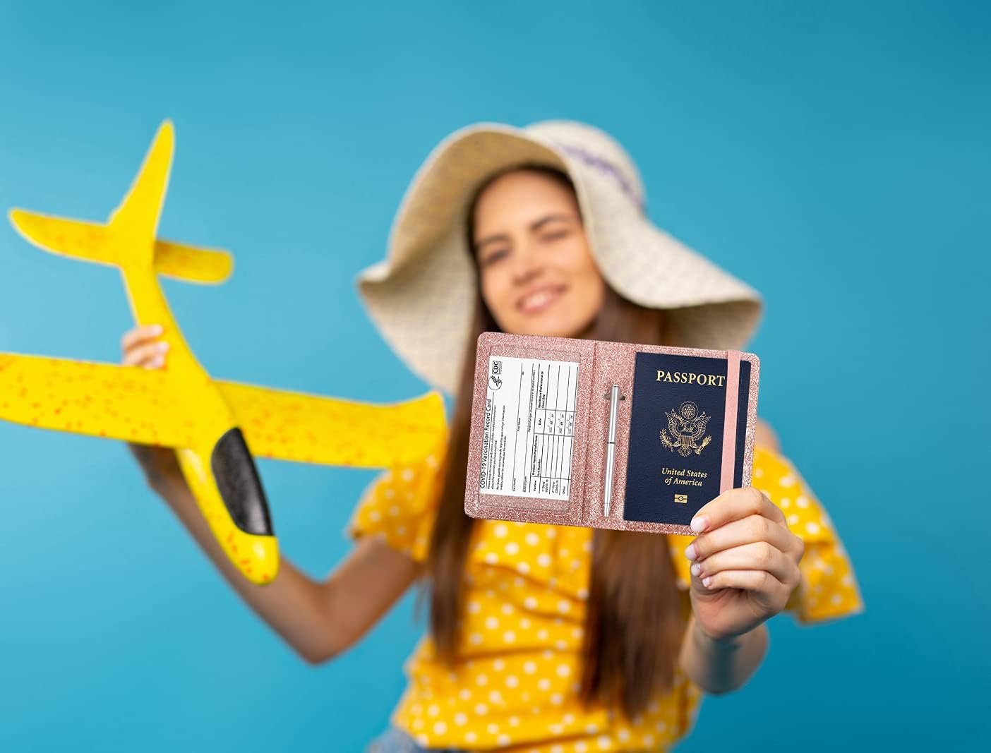 Caweet Passport Holder and Vaccine Card Holder Combo RFID Blocking Leather Vaccination Card Wallet with Elastic Band Closure, Glitter Rose Gold - Image 2