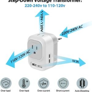 Mapambo 220V to 110V Voltage Converter US to Europe Converter for European Travel Plug Adapter with 2 USB Port 2 USB C International Power Adapter (Grey)