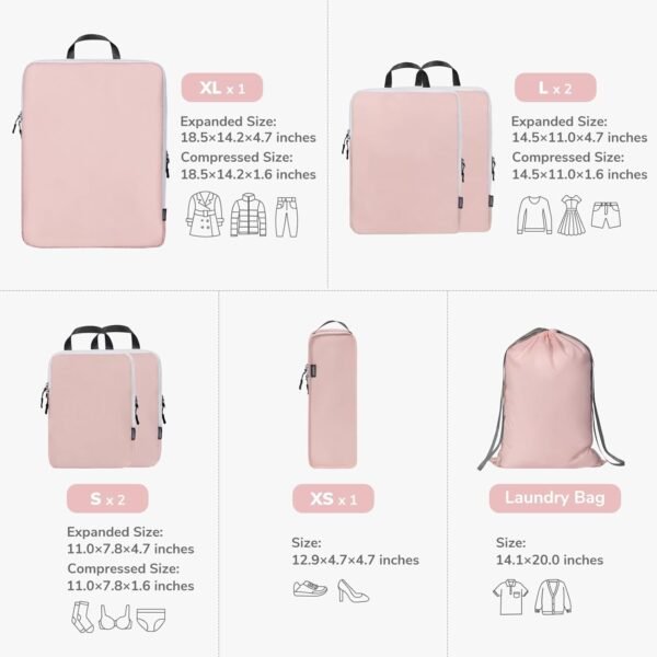 CherryNow Compression Packing Cubes, 7 Set Packing Cubes for Travel Women, Travel Essentials for Suitcase, Luggage Organizer Bags, Pink - Image 2