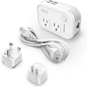 FOVAL Power Step Down 220V to 110V Travel Voltage Converter International Power Adapter for Hair Straightener/Curling Iron with 4-Port USB Charging US/UK/AU/EU Universal Plug Adapter (White)