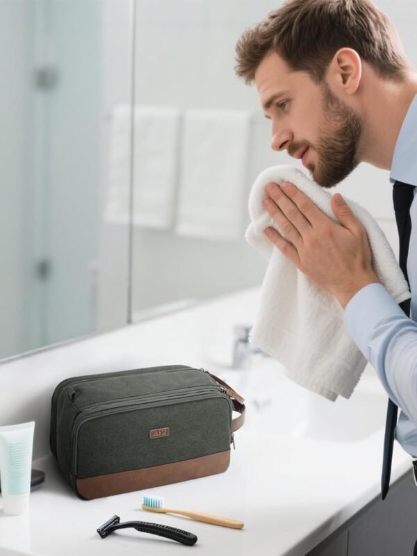 WANDF Toiletry Bag for Men Travel Toiletry Organizer Canvas and Leather Dopp Kit Water-Resistant Shaving Bag for Travel Accessories (Green, Large) - Image 5