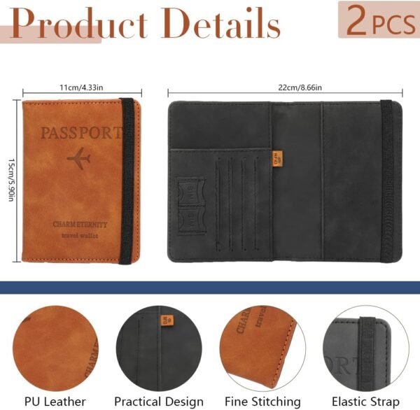Passport Holder for Travel, 2 Pack Passport Wallet, PU Leather Passport Cover Case, RFID Blocking Passport Book with Card Holder Travel Must Haves Travel Essentials Travel Accessories for Men Women - Image 3
