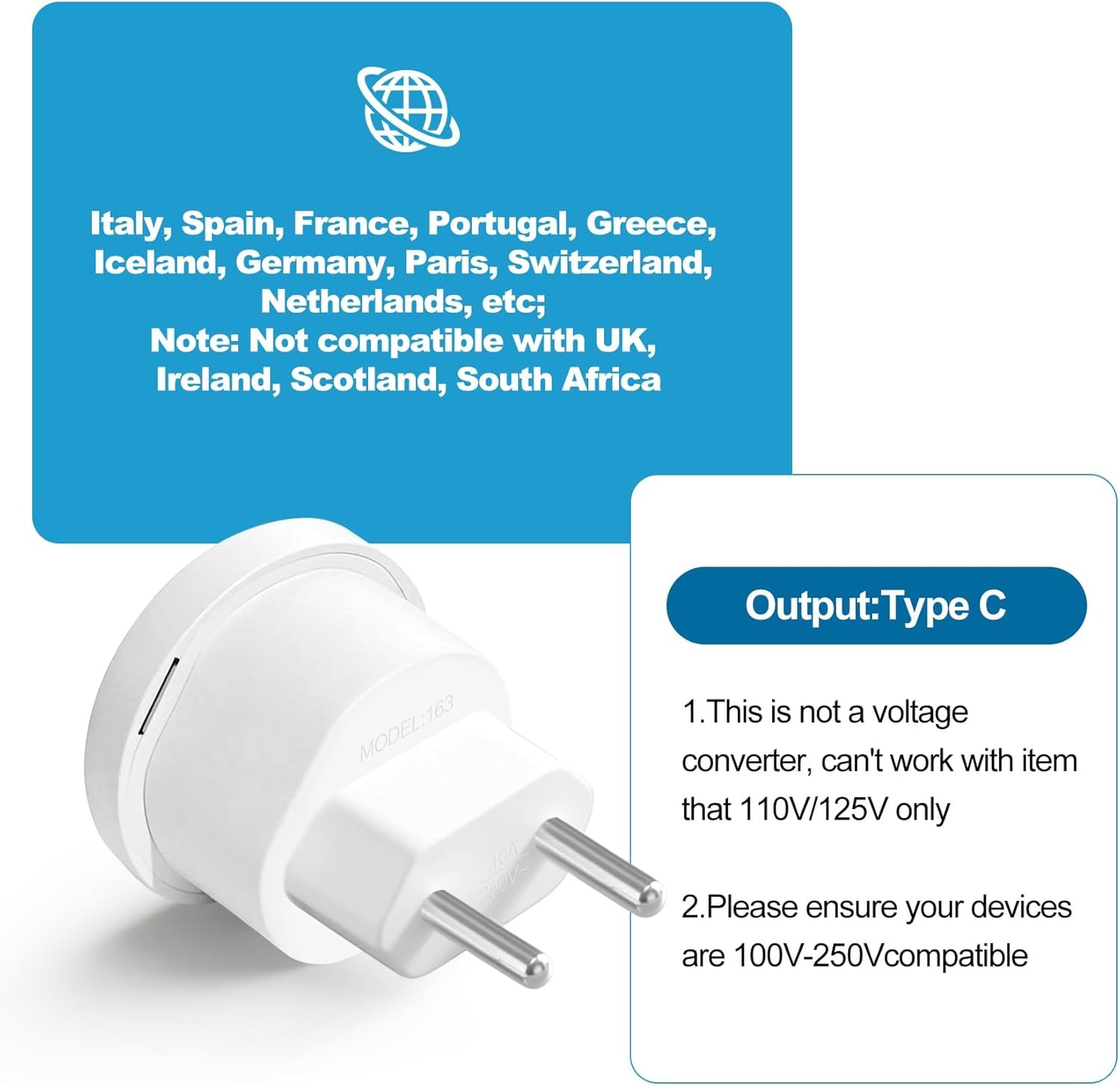 European Travel Plug Adapter, Type C International Power Adaptor to Italy Spain France Portugal Iceland Germany, Europe Vocation Essentials 3-Packs - Image 2