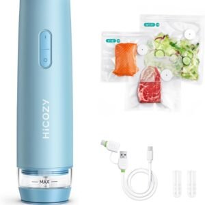 HiCOZY Compact Vacuum Sealer for Food with Visible Water Tank, Portable Handheld Vacuum Sealer Machine with 30 BPA-Free and Reusable Bags, One Press to Seal Fresh (Blue)