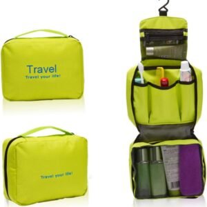 Hanging Toiletry Bag with Built in Hook Polyester Travel Cosmetic Organizer Pouch Green Portable Multi Function Wash Bag for Toiletries and Accessories