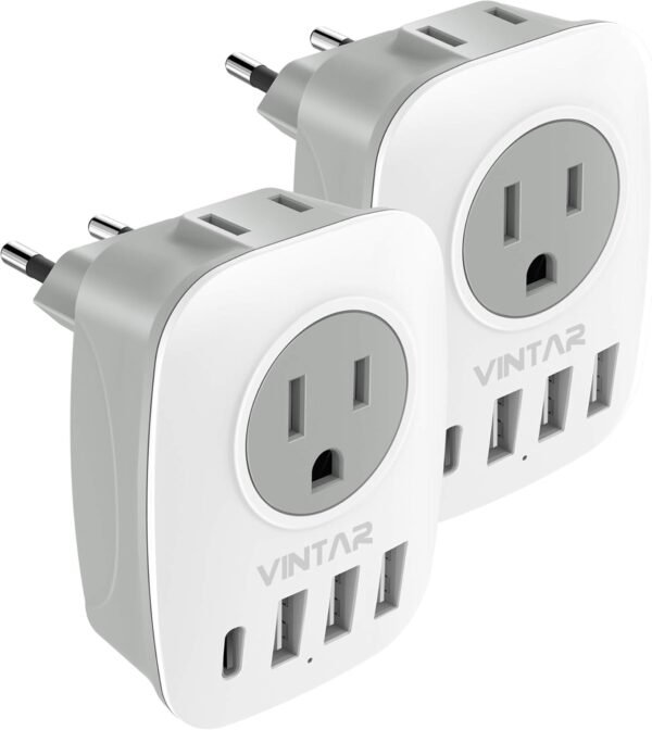 2 Pack European Travel Plug Adapter, VINTAR International Power Plug Adapter with 1 USB C, 2 American Outlets and 3 USB Ports, 6 in 1 Travel Essentials to Most of Europe Greece, Italy(Type C)