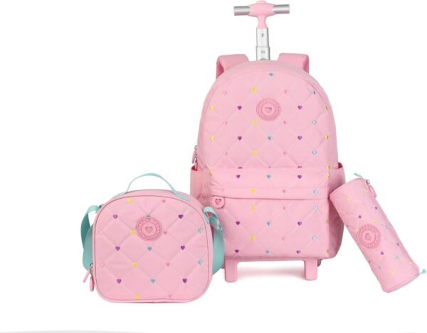 Wheels Rolling Kids Backpack for Elementary Luggage School Trolley Bag with Lunch Box 3pc Set (LITTLE HEART PINK)