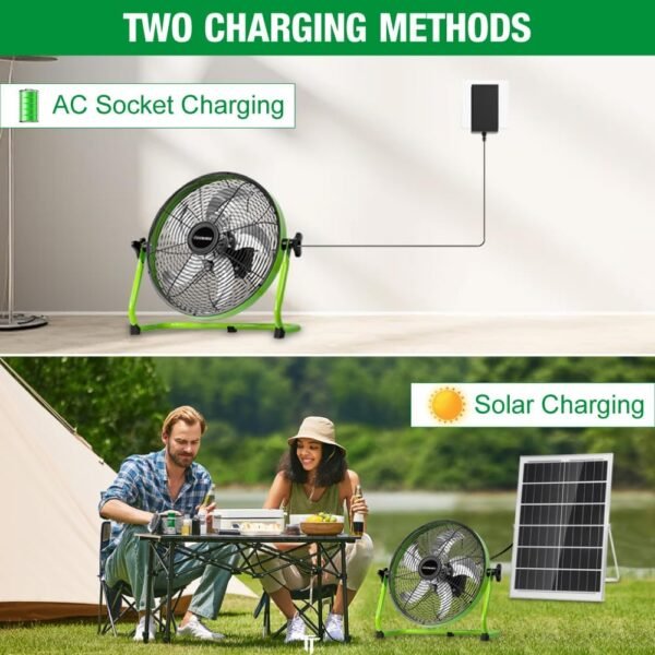 12'' Solar Powered Floor Fan Rechargeble,18000mAh Battery Operated Fan 5-Blade Solar Portable Outdoor Fan 360° Tilt for Outside, Greenhouse, Camping, Shed - Image 3