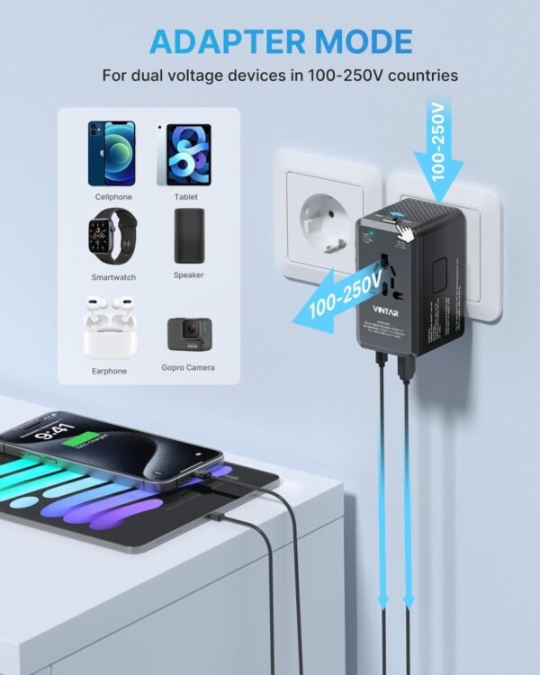 220V to 110V Travel Voltage Converter, VINTAR 2000W International Universal Voltage Converter US to Europe Adapter with 4 USB Ports (2 USB C), Step Down Power Converter Adapter Combo for US EU UK AUS - Image 3