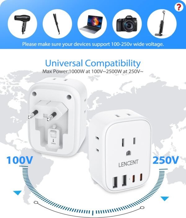 2 Pack European Travel Plug Adapter, LENCENT US to Europe Type-C Foldable Power Plug with 4 Outlets 4 USB Ports (2 USB C), Power Adaptor for USA to EU Euro Iceland Spain Italy France Germany Greece - Image 6