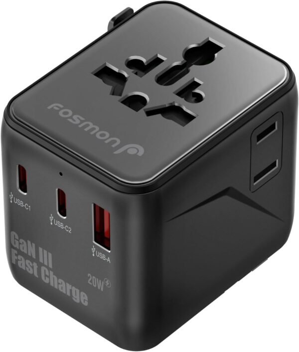 Fosmon Universal Travel Adapter Worldwide, GaN III/PD Fast Charge Dual Outlet, International Travel Plug Adapter (2 USB-C, 1 USB-A Port), European Charger Outlet Converter for AU, EU 224+ Countries