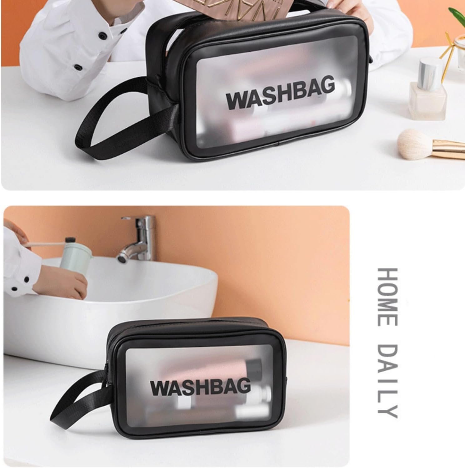 Black Travel Toiletry Bag, Waterproof Makeup Cosmetic Travel Organizer Bag for Women Men, Portable Translucent Storage Wash Bag with Handy Handle for Travel Bathroom Toiletries Accessories - Image 6
