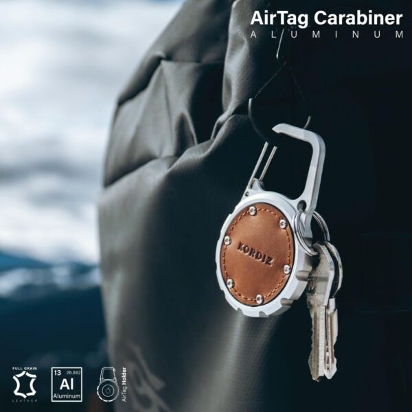 Airtag Holder Carabiner - Airtag keychain Case with Aluminum Frame and Full Grain Leather Cover for Apple Airtags - Protective Cover Accessories (Silver) - Image 2