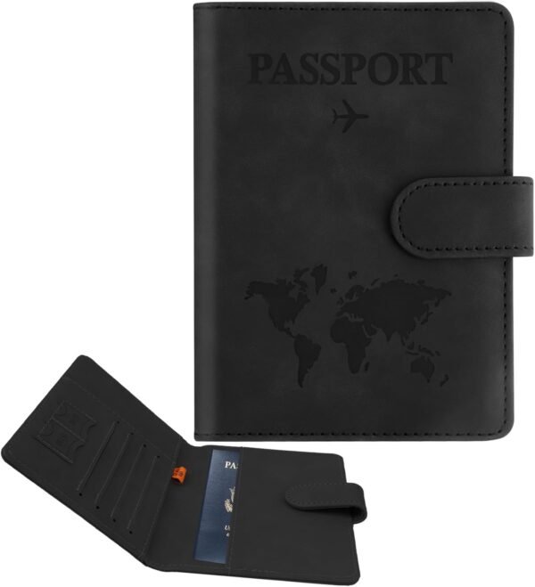 Passport Holder for Travel, Passport Cover Wallet, Premium PU Leather Passport Book Card Holder Case for Women Men, Waterproof RFID Blocking Flying Travelling Essentials Vacation Must Haves, Black