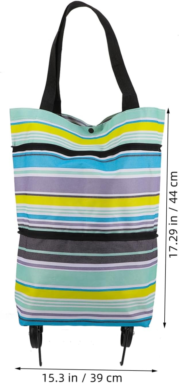 Collapsible Foldable Trolley Bag with Wheels Adjustable Handle Reusable Grocery Shopping Cart Storage for Laundry Fruits Vegetables Portable Foldable Shopping Tote Blue Stripe - Image 2