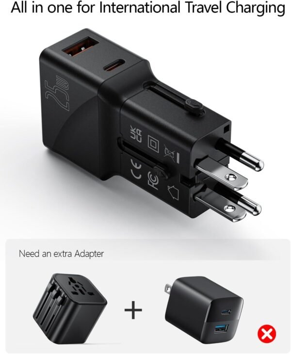 SooPii Gan Charger 25W,Universal Travel Adapter,USB-C PD PPS & USB-A QC Fast Charger, All-in-One Travel Charger with US UK EU AU Plug for iPhone 16/15,Galaxy S25 /S24,iPad and More - Image 2