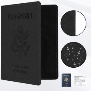 2 Pack Passport Holder for Travel, Passport Cover for Women Men, Leather Passport Holder Book Cover Case Bag Wallet Travel Document Holder Cruise Ship Study Abroad Essentials Must Haves(Black+Rose)