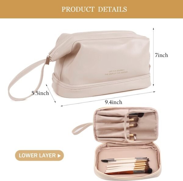 Abiudeng Large Capacity Makeup Bag Ladies Cosmetic Bag Travel Bag with Compartments Portable PU Leather Travel Makeup Bag with Handle - Image 2