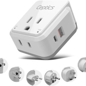 Ceptics World Power Plug Adapter Set, Dual USB & USB-C 3.1A, 20W with QC-PD, 2 USA Outlet Compact & Powerful, Use In Europe, Asia, Australia, Japan, Includes Type A, B, C, E/F, G, I SWadAPt Attachment