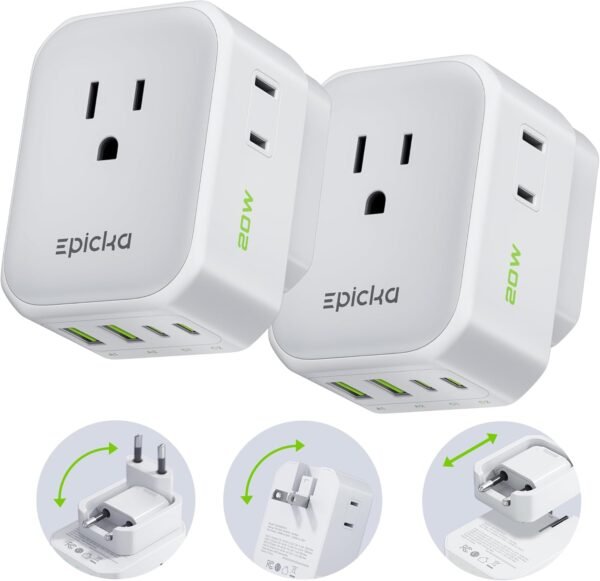 EPICKA Hybrid European Travel Plug Adapter, 2 Packs Foldable & Detachable Type C (EU) VisaPlug, 8-IN-1 International Power Adapter with 4 USB Ports (2 USB-C PD 20W), Travel Essentials for US to Europe