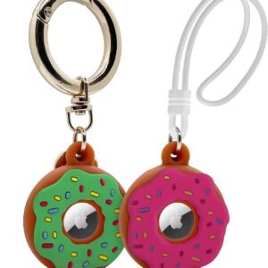 Apple AirTag 4 Pack Shockproof, Dustproof & Washable Cases, Silicon Holders with Accessories for Wallets, Luggage, Pet Collars, Key Finders (Donut (Green & Pink))