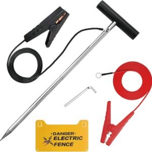Electric Fence Grounding Rod Set, Ground Rod for Farm Fence and Electric Fence Jumper Leads Cable with Crocodile Clip for Solar Powered Electric Fence Charger, Electric Fence Energizer
