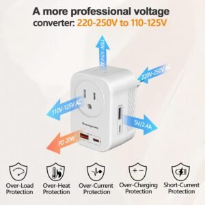 220V to 110V Voltage Converter US to Europe International Universal Travel Adapter, 20W PD With 2 USB-A 2 USB-C Port, Worldwide Power Converter Plug Combo US to Spain Italy Greece WHITE-I
