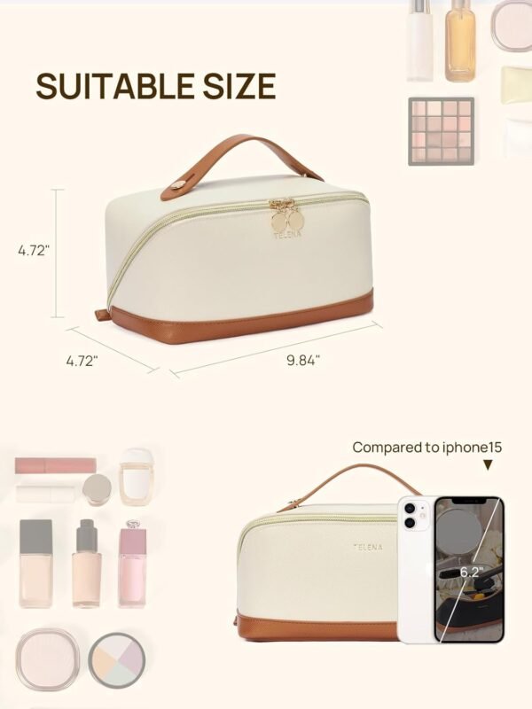 Telena Makeup Bag Large Capacity Travel Cosmetic Bag Portable PU Leather Water Resistant Makeup Organizer Bags for Women with Handle and Divider Open Flat Beige with Brown - Image 5