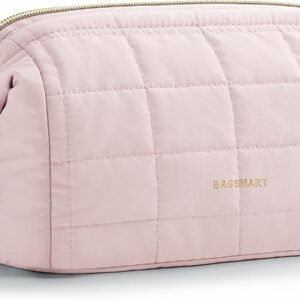 BAGSMART Makeup Bag Travel Toiletry Bag, Puffy Padded Make Up Bags for Women Makeup Organizer Case, Wide-open Pouch Purse Travel Essentials Toiletries Accessories Brushes, Pink