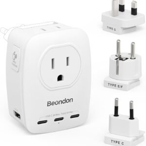 BEONDON European Travel Adapter Kit with Detachable Plugs (C/E/F/G) for UK, France, Germany, Italy, Spain & More – 2 US Outlets & 5 USB Ports (3 USB C) – Multi-Device Charger