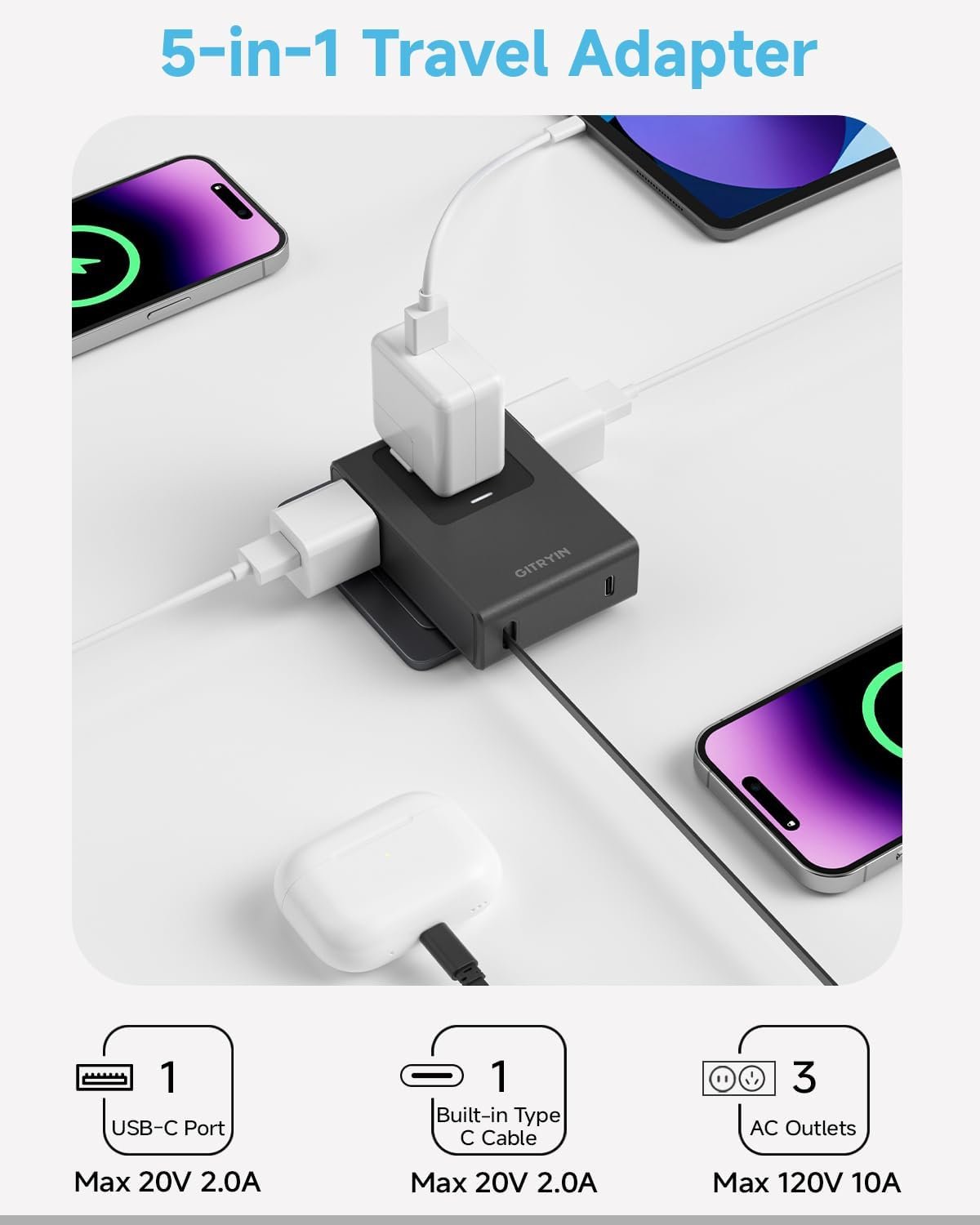 Travel Plug Adapter with Retractable 31.5in Type-C Cable, 40W International Pug Adapter with 3 Outlets, Black - Image 4