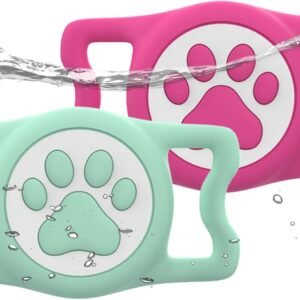 IP68 Waterpoof Dog Airtag Holder, Stretchy Silicone Full Body Covered Apple Air Tag Holder for Dog Cat Collar Fit All Width Collar (Green/Rose, 2 Pack)