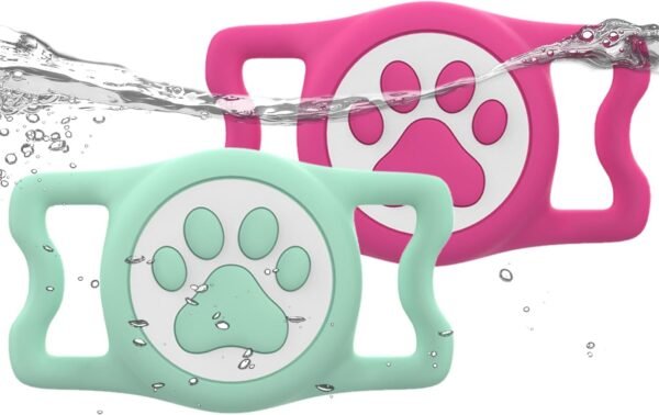 IP68 Waterpoof Dog Airtag Holder, Stretchy Silicone Full Body Covered Apple Air Tag Holder for Dog Cat Collar Fit All Width Collar (Green/Rose, 2 Pack)