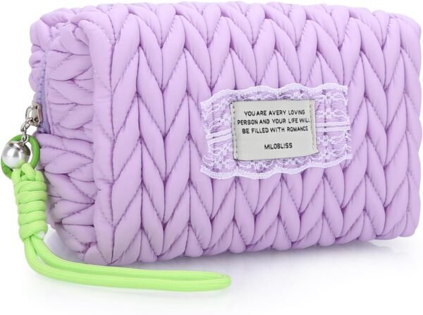 DOB SECHS Small Quilted Makeup Bag Puffer Cosmetic Bag with Handle, Cotton Woven Puffy Toiletry Bag for Women, Cute Mini Makeup Pouch for Purse Quilted Travel Essentials Organized Pouch, Purple