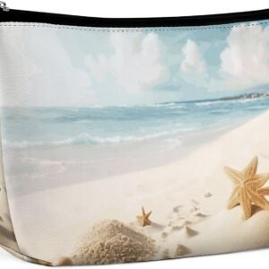 Waterproof Travel Makeup Bag Case Organizer, PU Leather Beach Theme Cosmetic Bags, Small Toiletry Case Cute, Portable Zipper Pouch for Women Men, Travel Accessories