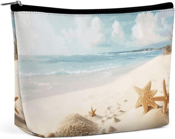 Waterproof Travel Makeup Bag Case Organizer, PU Leather Beach Theme Cosmetic Bags, Small Toiletry Case Cute, Portable Zipper Pouch for Women Men, Travel Accessories