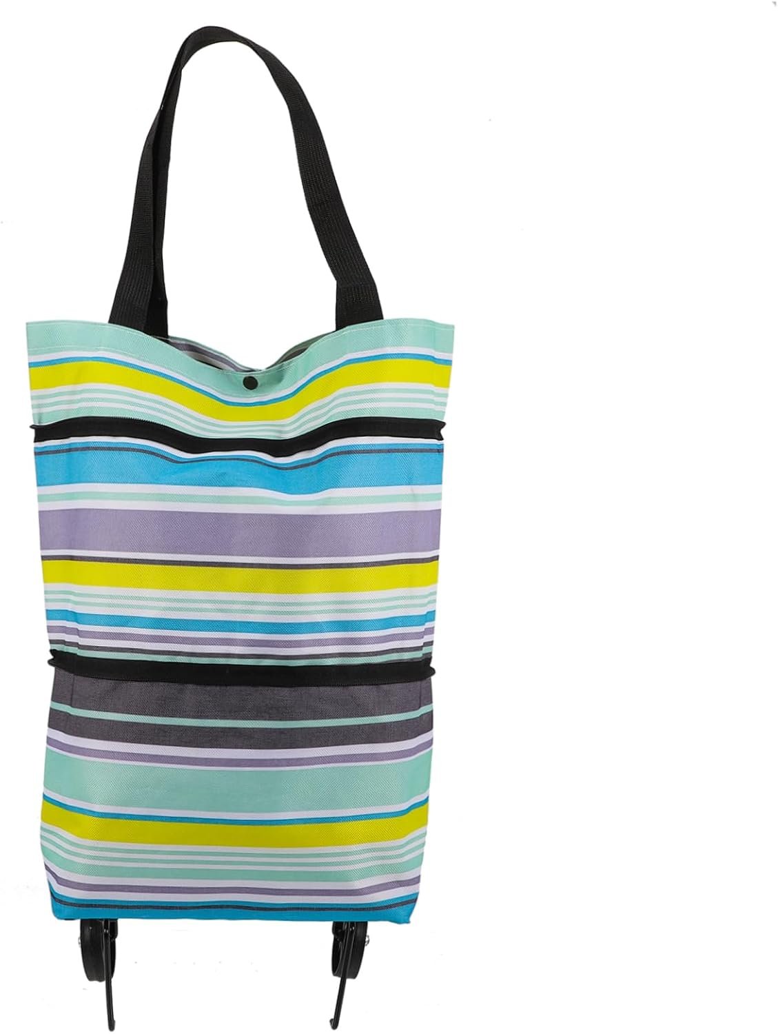 Collapsible Foldable Trolley Bag with Wheels Adjustable Handle Reusable Grocery Shopping Cart Storage for Laundry Fruits Vegetables Portable Foldable Shopping Tote Blue Stripe