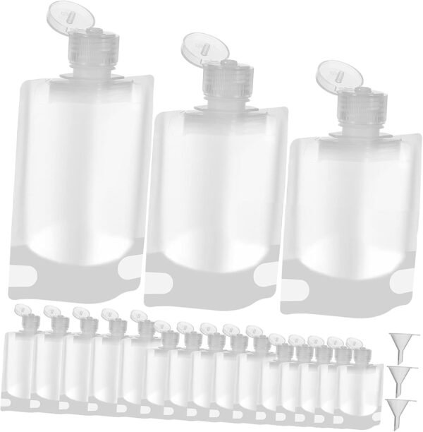 Wakauto 18 Pcs Refillable Travel Pouches for Toiletries with Funnels Transparent Portable Containers for Shampoo Conditioner Body Wash Lightweight Cosmetic Travel Bags for Easy Liquid