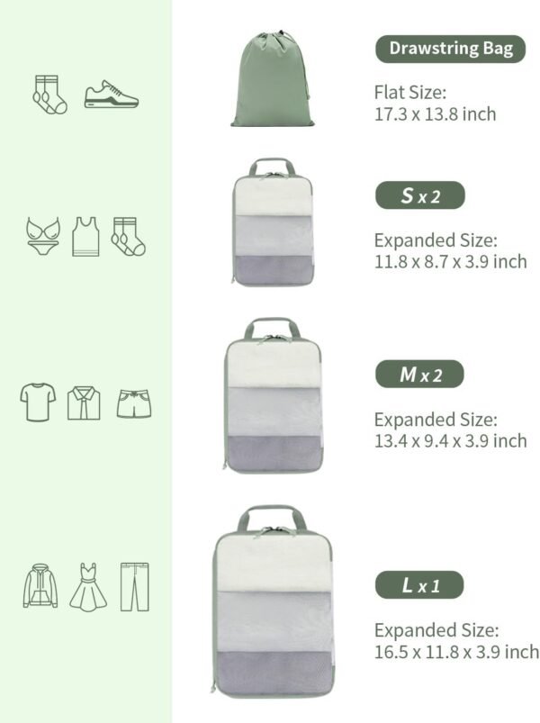 ECOHUB 6 Set Compression Packing Cubes, Lightweight Vacation Travel Essentials, Durable Travel Accessories for Suitcase Carry On Luggage Organizer Bags Set with YKK Zippers Shoe Bag, Green - Image 4