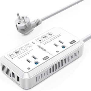 European Travel Plug Adapter 220V to 110V Voltage Converter US to Europe 2000W Electric Hair Dryer Step Down Outlet Converters for Europe Countries (White)
