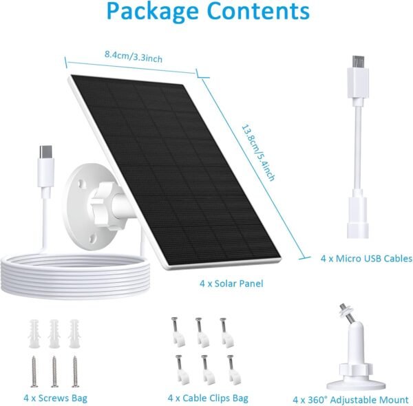 2W Solar Panel for Security Camera Outdoor, USB/USB-C Charger with IP65 Waterproof, 360° Adjustable Mount & 7.2ft Cable, Compatible with Rechargeable Battery Cameras (4 Pack, White) - Image 2