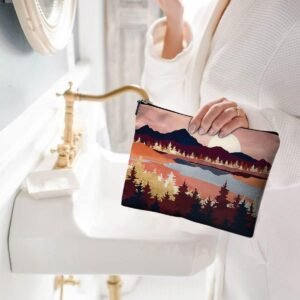 Cute Makeup Bag for Purse Canvas Waterproof Funny Cosmetic Bags for Women Zipper Travel Toiletry Pouch-Mountain Makeup Bags-Red