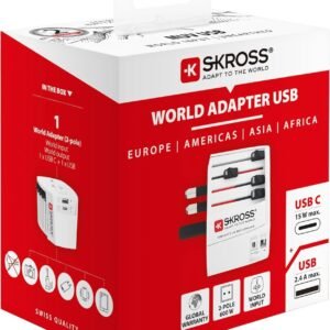 SKROSS Universal Travel Plug with USB and USB C, 1.302962, White