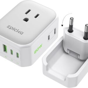 EPICKA Hybrid European Travel Plug Adapter, Foldable & Detachable Type C (EU) VisaPlug, 8-IN-1 International Power Adapter with 4 USB Ports (2 USB-C PD 20W) – Travel Essentials for US to Europe, White