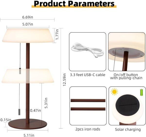 Solar LED Outdoor Table Lamp Waterproof, 3 Level Dimmable Desk Night Light, Portable Cordless USB Rechargeable, for Home/Deck/Patio/Garden (Bronze) - Image 7